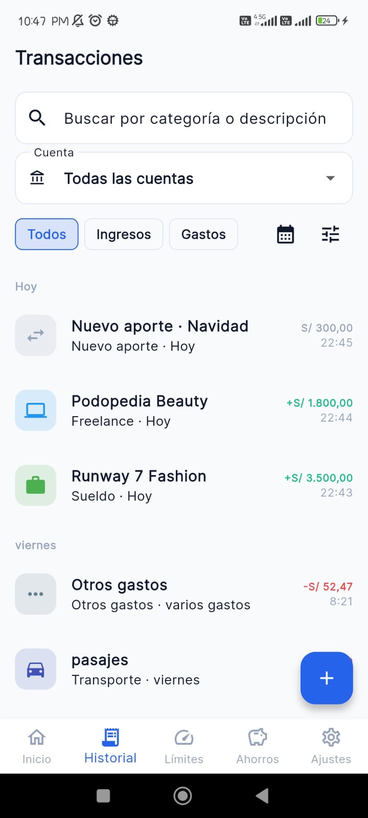 Historial: búsqueda y filtros por cuenta, ingresos y gastos